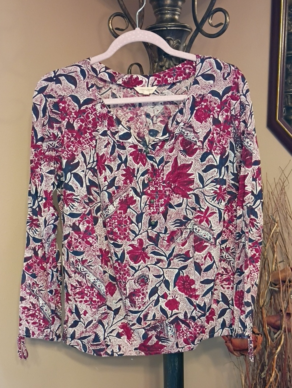 Lucky Brand Maroon and Navy Floral Long Sleeve Top